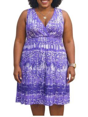 Yvos Plus Size 18/20 Dress V-Neck Sleeveless Purple White Printed